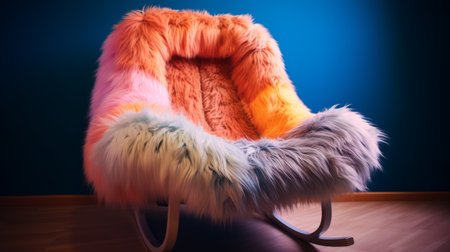 a vibrant, multi-colored furry rocking chair with fake fur, rendered in unreal engine, showcases post-internet aesthetics. the chair features vibrant color gradients in light indigo and amber, creating a groovy and postmodern photography vibe. the infrared effect adds an extra touch of uniqueness to this eye-catching piece. ai generatedの素材