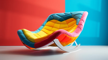 a colorful chair, with a streamlined design, sits by a bright red wall in the style of futuristic chromatic waves. rendered in cinema4d, this chair features a vibrant patchwork of light yellow and blue colors, creating multi-layered color fields. this eye-catching design was brought to life using daz3d. ai generatedの素材