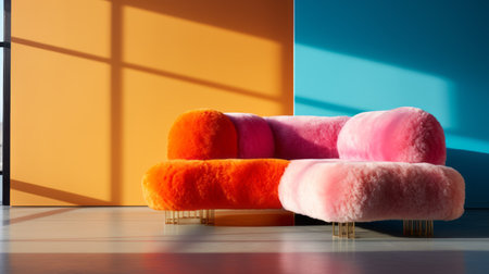 a colorful lounge chair, inspired by the style of mike campau, sits in front of a big modern window. the chair features bold and dramatic forms, with a combination of light pink and light orange hues. this piece of furry art showcases a fusion of ready-made objects and traditional craftsmanship, creating a vibrant and eye-catching design. ai generatedの素材