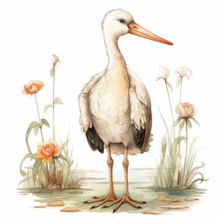 a painted drawing of a stork's beak and long bill, done in a delicate watercolor style. the artwork features charming character illustrations, delicate flowers, and animal figurines, reminiscent of the style of adi granov. the color palette is light, with shades of white and light orange. the image has been digitally enhanced to enhance its visual appeal. ai generatedの素材
