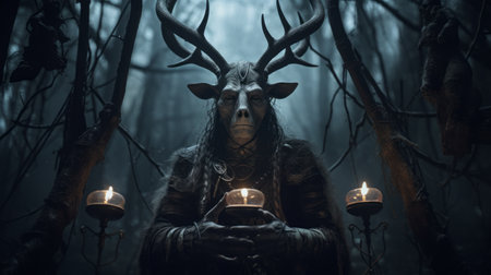 a cat man shaman, adorned with big horns and surrounded by talismans and pendants, holds a ceremonial staff in the middle of a dark and eerie forest. the photorealistic depiction captures the creepy lighting and intricate details, reminiscent of a scene from a terrifying movie. ai generatedの素材