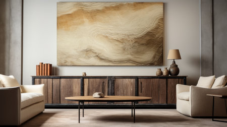 a living room featuring a large painting with a haptic surface and organic, fluid lines, in light brown and bronze tones. the painting captures the essence of nature and adds a sophisticated touch to the room. the photo is in 8k resolution and showcases the intricate details of the woodblock tabletop photography. ai generatedの素材
