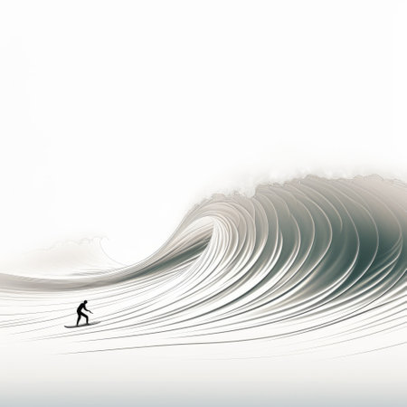 a surfer gracefully rides a wave, surrounded by a minimalist background featuring light white and dark gray tones. the perspective rendering adds depth to the image, while intricate and bizarre illustrations create a unique visual experience. the use of transparent layers enhances the overall composition, resulting in an editorial illustration with a distinct style known as tumblewave. ai generatedの素材
