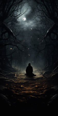 a man sits in a forest, gazing at the moon, surrounded by the dark black and bronze tones of a tenebrism masterpiece. the mystic mechanisms of the scene evoke a sense of zen buddhism influence, while the epic fantasy elements transport viewers to another world. captured in stunning 8k resolution, this image showcases a realistic depiction of light and shadow. ai generatedの素材