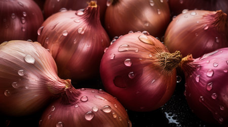 fresh onions glisten with raindrops in this award-winning photograph. shot from an overhead angle using a hasselblad camera, the seamless background highlights the vibrant colors and textures of the onions. with high-end retouching and color grading, this fine art image is perfect for advertising and commercial photography. the high resolution and top view capture every detail, making it suitable for various formats including 16k andの素材