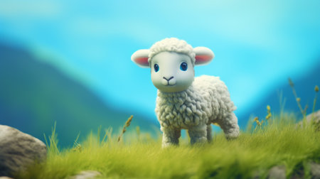 a corriedale sheep, portrayed in the style of studio ghibli, stands out against a vibrant baby cyan background. the image showcases the sheep's smooth rubber material, enhanced by a tilt shift photography effect and ambient occlusion. ai generatedの素材