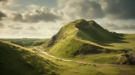 bright blue sky with clouds over a green hill, captured in the style of british topographical photography. the image showcases photobashing techniques, featuring zigzag patterns and atmospheric, moody lighting. the color palette includes light green and light amber tones, creating a paleocore aesthetic. shot with a canon eos 5d mark iv. ai generatedの素材
