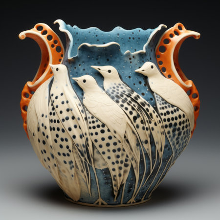 blue and orange vase with birds, featuring organic formations and a symmetrical arrangement. the design is dotted, inspired by the works of jeff legg, debbie criswell, and fatima ronquillo. the vase showcases a combination of dark white and light orange hues, creating a visually captivating piece of art. ai generatedの素材