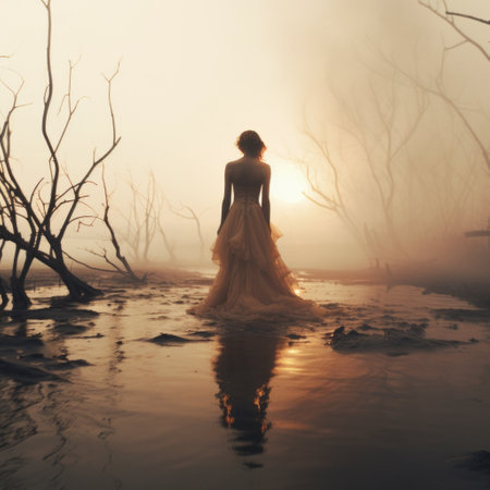 a girl in a white dress stands in a lake, surrounded by an eerie dreamscape. the burnt and charred surroundings add to the romantic soft focus and ethereal light, creating otherworldly scenes. the whimsical wilderness is bathed in golden light, enhancing the emotional and dramatic atmosphere of the photo. ai generatedの素材