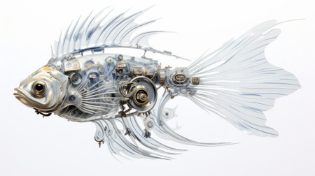 a photo of a half-mechanical, half-fish creature in a romanticism sea setting. the fish is depicted with ultra-detailed, photo-realistic painting, and is illuminated by beautiful cinematic lighting. the white background and high contrast add to the surrealistic and highly detailed nature of the illustration. the image has clear focus and showcases stunning volume, making it a visually captivating piece. shot in 8k with an aspectの素材