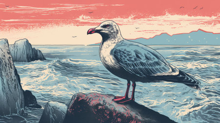 a bird gracefully stands in mid-air, surrounded by crashing waves, reminiscent of vintage poster art. this stunning artwork by daniel clowes showcases hyperrealistic marine life and intricate landscapes. the detailed backgrounds and expert use of palette knives create a graphic and visually captivating illustration. ai generatedの素材