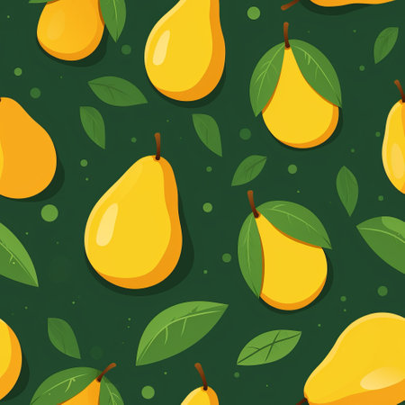 pears are showcased in this photo against a vibrant green backdrop, featuring graphic design-inspired illustrations. the yellow and amber hues add a touch of warmth to the image, while the repetitive shapes create a visually captivating composition. the photo's innovative page design incorporates leaf patterns, making it a perfect fit for creative commons attribution and 2d game art. ai generatedの素材