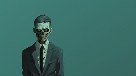 a zombie portrait desktop wallpaper featuring dark green and light azure tones. this unique artwork, inspired by the style of matt bors and john bolton, showcases gritty elegance with caricature-like illustrations. the 8k 3d design is presented in a superflat style, making it a captivating addition to any desktop. ai generatedの素材