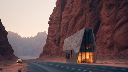 a house in the desert, perched on a hillside, showcases its unique design rendered in cinema4d. the light gray and dark amber colors blend harmoniously with the surrounding nature. the faceted shapes of the house evoke a sense of modernity and creativity. the photograph captures the essence of the american tonalist style, reminiscent of the konica big mini camera, and the art of kintsugi. aiの素材