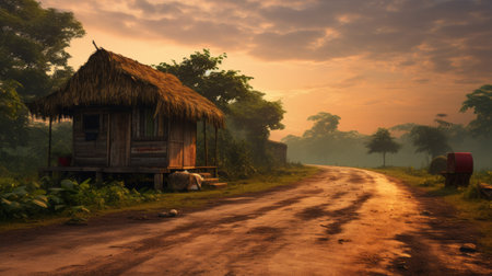 a thatch hut, showcasing serene atmospheric perspective, stands in the southern countryside. this street scene captures vibrant colors and is bathed in golden light. this national geographic photo, with its 8k resolution, beautifully showcases the thai artistry. ai generatedの素材
