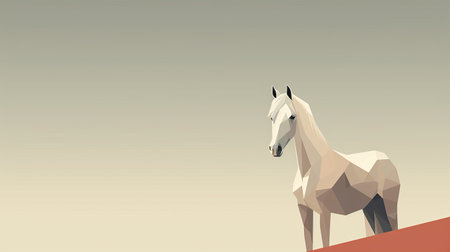 a white horse stands on a mountain, showcasing the neo-geo minimalism style. the image features muted hues, minimalist backgrounds in red and beige, and is presented in high definition. the photo is digitally enhanced, highlighting faceted shapes for a visually captivating composition. ai generatedの素材
