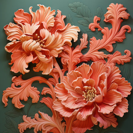 a photo of a ceramic sculpture by el artesano san juan artensancio featuring handmade sculpted flowers with floral leafs on a green background. the style of the sculpture is realistic with detailed rendering and colorful gradients. the artist's inspiration draws from venetian rococo painters, evident in the detailed background elements. the sculpture showcases a combination of dark pink and light orange hues, creating a vibrantの素材