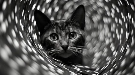 a cat peeks out of a tunnel against a backdrop of white dots in this black and white photograph. the image showcases intricate weaving and long exposure techniques, with sterling silver highlights adding a touch of elegance. the whirly and intertwining materials create a mesmerizing effect in this matte photo. ai generatedの素材
