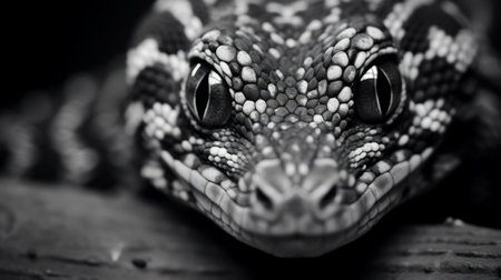 a spotted lizard, known as a cooter, is captured in a dramatic black and white portrait. this close-up shot showcases the reptile's detailed facial features, while the pointillism technique adds a unique touch. taken with a voigtlander heliar 15mm f45 lens, this 32k uhd photo is reminiscent of national geographic's stunning wildlife photography. ai generatedの素材