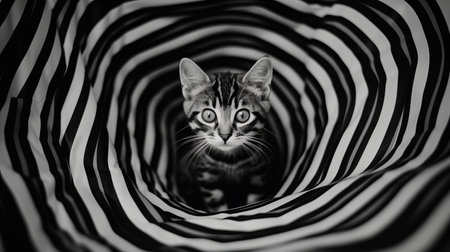 a black and white photo captures a zebra kitten playfully exploring a striped tunnel. this abstract cat-inspired image, reminiscent of the dark and brooding style of designer filip hodas, combines elements of photography installations and the vibrant aesthetic of lisa frank. the soft-focus portrait adds a touch of whimsy to the scene, creating a visually captivating and intriguing composition. ai generatedの素材