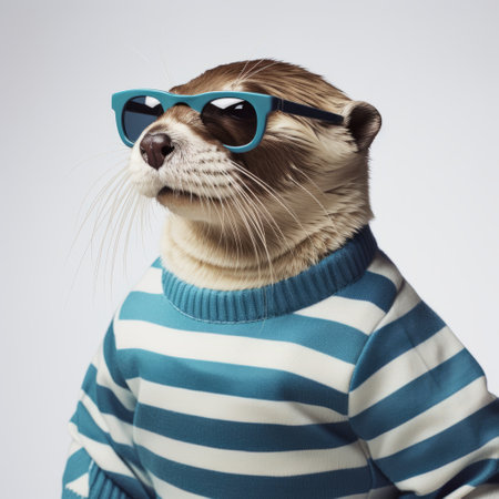 an otter, dressed in a blue and green sweater and sporting sunglasses, is captured in a minimal retouching style. this uhd image, rendered in maya with softbox lighting, showcases the otter's street-savvy look. the striped compositions add a playful touch to the wimmelbilder-inspired scene. ai generatedの素材