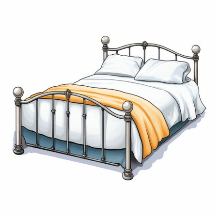 a vibrant and cartoonish illustration of a simple bed with a wooden headboard. the style of the illustration is a mix of light bronze and silver, resembling traditional oil paintings. the bed is chrome-plated, with a color scheme of yellow and gray. the illustration showcases traditional poses commonly associated with beds. ai generatedの素材