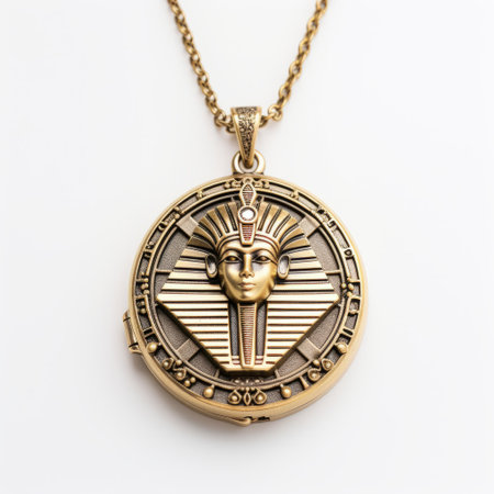 an egyptian gold plated necklace featuring an eye-shaped frame, inspired by the voigtlander nokton 40mm f12 aspherical lens and the art style of jc leyendecker. this high-definition image captures the necklace with sunrays shining upon it, creating a beautiful contrast between light white and light bronze tones. the photograph is by dusan djukaric and cedric seaut. ai generatedの素材