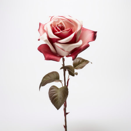 a 3d illustration of a rose isolated on a white background. the minimal retouching style enhances the dark pink and beige colors, creating a visually striking image. inspired by schlieren photography, this classic still life composition showcases the beauty of the rose in light red and white tones. captured in 32k uhd resolution, the image has a unique cross processing effect. ai generatedの素材