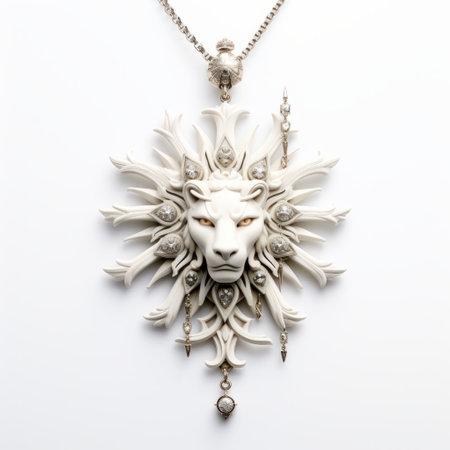 a white stone piece with dangling white lions and butterflies, in the style of mike campau, showcases the intricate metalwork jewelry by meghan howland. the symmetrical design, reminiscent of ivory carvings, draws inspiration from felix philipp kanitz. as sunrays shine upon it, the piece exudes a captivating radiance. ai generatedの素材