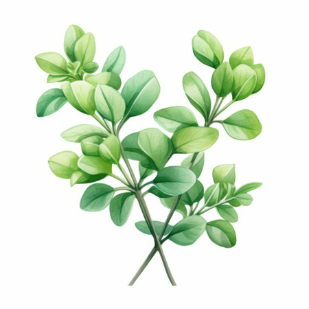 green thyme branches, resembling watercolor illustrations, stand out against a white background. the realistic landscapes feature soft, tonal colors, evoking traditional vietnamese art. with tropical symbolism, the silver and green branches create graceful poses. bold colors and distinctive marks add to the overall aesthetic. ai generatedの素材