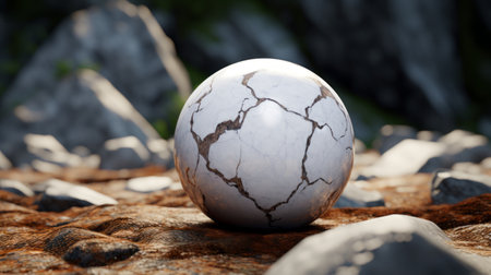 a cracked egg on rocks, rendered in 3d using unreal engine, showcases distressed surfaces and hyper-detailed textures. the use of unreal engine 5 brings out the light maroon and white tones, creating a visually stunning image. the smooth surfaces and the unique texture of the cracked egg add depth and realism to the overall composition. ai generatedの素材