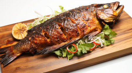 a fish, in the style of traditional vietnamese art, is seen sitting on a wooden board. the artwork by jarosaw janikowski showcases dark amber tones, while reuben nakian's influence is evident in the lively and energetic composition. the explosive pigmentation and hard-edged lines add depth and vibrancy to the overall image. ai generatedの素材