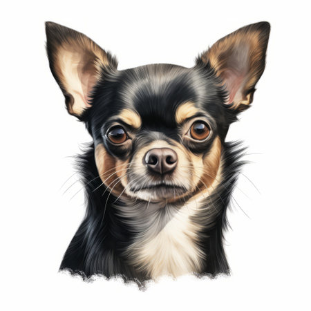 a chihuahua's head is depicted in a realistic portrait style, against a white background. the colors used are dark black and light beige, creating a charming and realistic portrayal. this 32k uhd image showcases a colorful caricature with elements of chinese iconography, reminiscent of a skilled portrait painter's work. ai generatedの素材