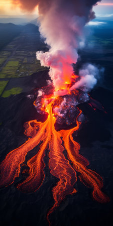 aerial photograph capturing the dynamic and intense steaming eruption of a lava stream. shot with the zeiss milvus 25mm f14 ze lens, this 8k resolution image showcases vibrant colors and monumental vistas. the use of iso 200 enhances the details of this breathtaking natural phenomenon. ai generatedの素材