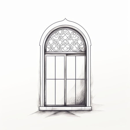a photo showcasing a traditional arabic architectural style with an arched gulf window. the islamic architecture features detailed cross-hatching in light gray and light black, incorporating minimalistic elements. the rim light highlights the juxtaposed elements, while the sophisticated ornamentation and detailed penciling add to the overall aesthetic. ai generatedの素材