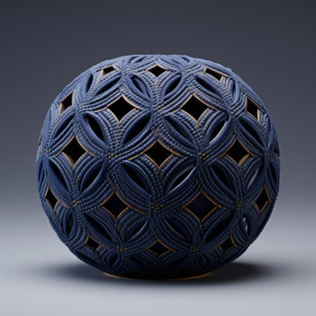 a blue sphere, crafted in a geometric shape, showcases the intricate woven and perforated design. inspired by traditional japanese artistic techniques, this unique piece incorporates unconventional materials. the darkly detailed and carved surfaces add depth and texture. captured with a helios 44-2 58mm f2 lens, the navy and bronze tones enhance its visual appeal. ai generatedの素材