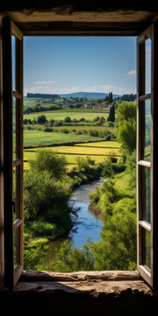 an open window in a building, showcasing a picturesque view reminiscent of bucolic landscapes and romantic riverscapes. the scene captures the essence of the french countryside, with its lush greenery and contrasting black accents. this national geographic photo beautifully portrays the frequent use of yellow in the pastoral settings, creating a captivating and serene ambiance. ai generatedの素材