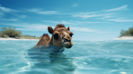 an irritated camel swimming in the choppy ocean, captured in a cute and dreamy style of vray tracing. the photo showcases realistic blue skies and a detailed rendering of the camel. this colorized image is available under the creative commons attribution license and can be found on flickr. ai generatedの素材