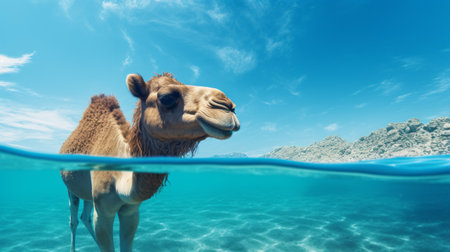 camel underwater with a realistic blue sky background, featuring visual puns and a solarization effect. the image showcases the unique concept of "desertwave" with an emphasis on the camel's facial expression. the color palette includes light amber and azure tones, creating a captivating low-resolution visual experience. ai generatedの素材