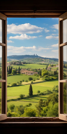 an open window offers a breathtaking view of a scenic countryside, reminiscent of the picturesque italian landscapes. the light filters through in shades of emerald and beige, creating a captivating ambiance. the spot metering technique enhances the richness and immersion of the image. the terraced cityscapes and the iconic cinquecento car add to the celebration of rural life. ai generatedの素材