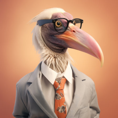 a longhorn beak wearing glasses is depicted in this stylized image, reminiscent of the hyper-realistic bird studies by igor morski. the playful character design draws inspiration from the works of polixeni papapetrou and wes anderson. captured with a nikon d750, the photo showcases the elegant clothing adorning the beak, creating a unique and visually captivating composition. ai generatedの素材