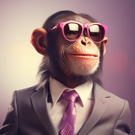the monkey, sporting sunglasses, showcases a unique blend of corporate punk style with light magenta and orange hues. the image exudes a precisionism influence, emphasizing tonal sharpness. with a touch of elegance and formality, this celebrity-portrait captures the monkey's fashionable flair. enjoy the ultra-high-definition (uhd) quality of this stunning image. ai generatedの素材