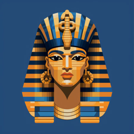 an illustration of an egyptian pharaoh skull, designed as a portrait in the style of light orange and dark blue. the artwork showcases elaborate facades and mosaic-inspired realism, with a flat composition. the color palette includes dark azure and gold, creating a visually striking and intricate illustration. ai generatedの素材