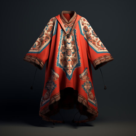 the kimono in the photo is a stunning red coat adorned with intricate design work. it showcases a unique blend of baroque classicism and is rendered in cinema4d. the color palette consists of light orange and dark cyan, creating a visually striking contrast. the photorealistic details capture the essence of northern china's terrain. the kimono is further enhanced by heavy metal embroidery, adding a touchの素材