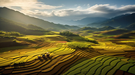 an autumn scene in a chinese orchard captures the beauty of the season. in the south, rice fields are on the verge of ripening, while in the north, golden wheat and corn fields have already reached maturity. the image showcases people diligently working in the fields, reminiscent of a miyazaki-style landscape. ai generatedの素材