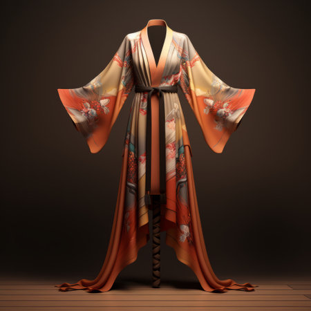an ancient robe design for females is showcased in this photorealistic composition. the warm tones of the image enhance the elaborate kimono, which is rendered in a realistic and detailed manner. the dark orange and light beige colors add to the elegance of this uhd image, capturing the essence of elegant realism. ai generatedの素材