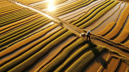 agrarian scene in china during autumn showcasing the beauty of the countryside. in the south, rice fields are on the verge of ripening, while in the north, golden wheat and corn fields have already matured. farmers diligently work in the fields, harvesting the bountiful crops, creating a picturesque miyazaki-style landscape. ai generatedの素材