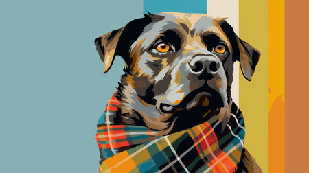 dogs in plaid t-shirts on the beach art painting, featuring pop art color schemes and moody color schemes. the painting showcases a dark gray and amber color palette, with strong facial expressions on the dogs. created by martin ansin, this artwork is known for its colorful and eye-catching compositions, as well as its raw character. ai generatedの素材