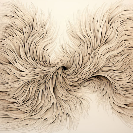 an abstract fractal painting featuring intricately shaped bird feathers forming birds, inspired by the style of patrick dougherty. this artwork showcases a blend of intricate minimalism and realistic hyper-detailed rendering, reminiscent of the detailed illustrations found in iris van herpen's work. the feathers intertwine to create a network of stunning patterns, all rendered in a soothing beige color palette. ai generatedの素材