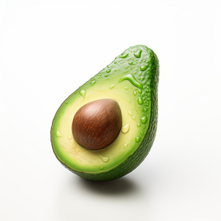 a green avocado half, inspired by the style of mike campau, is showcased on a clean white background. the high-key lighting emphasizes its vibrant color and texture. this image reflects environmental awareness and incorporates elements of zbrush and hiroshi nagai's art. the wet-on-wet blending technique adds depth and realism, with a palette of light yellow and dark brown tones. ai generatedの素材